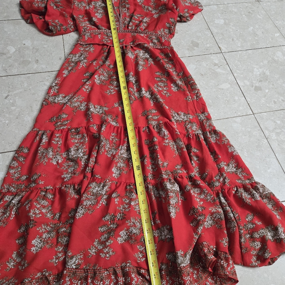 Max Studio London Crepe Smocked Ruffle Tiered Long Red Summer Dress Small? - Picture 5 of 9
